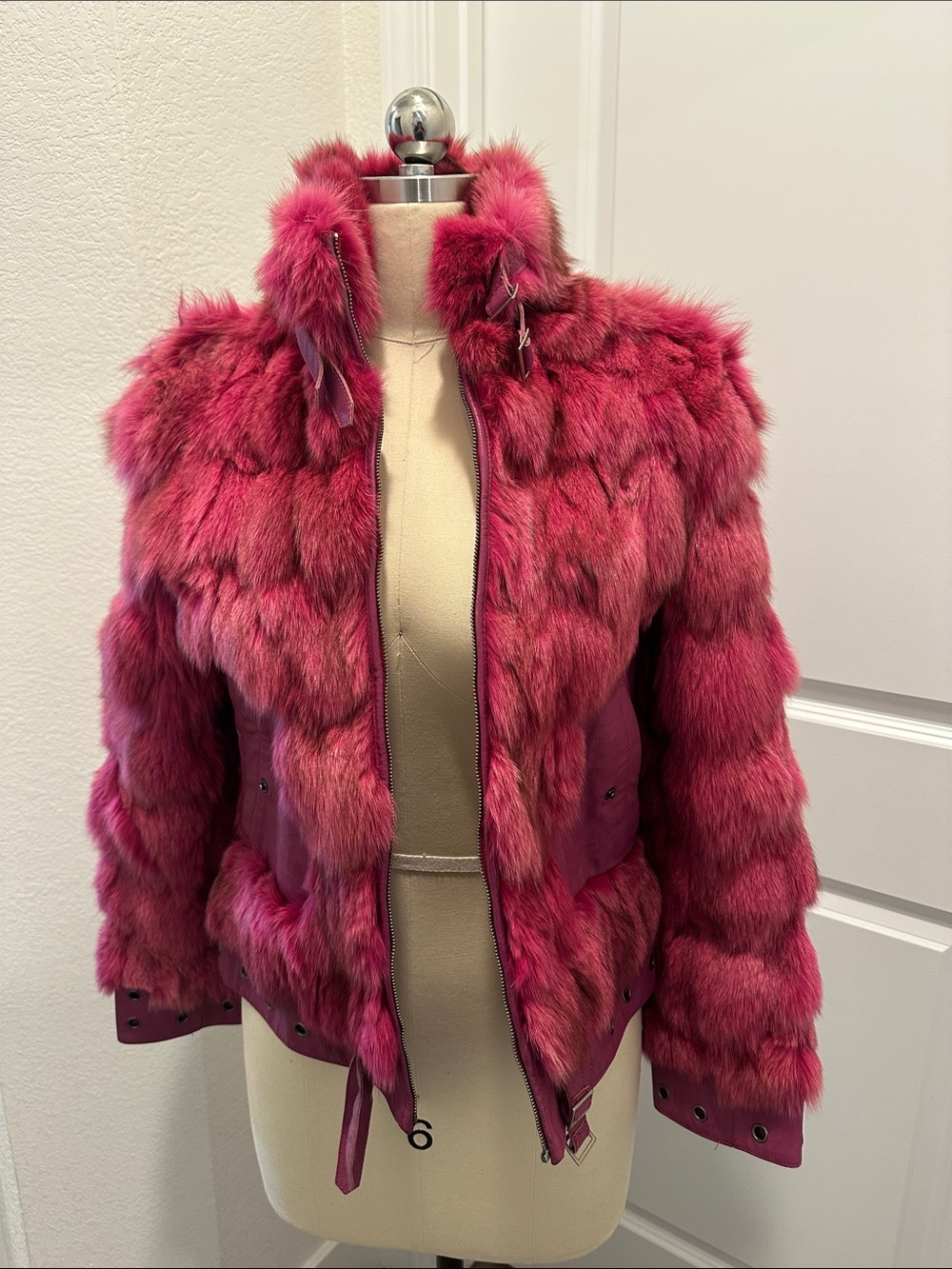 Women's Fuchsia hot Pink Faux Fur Jacket rabbit winter moto leather